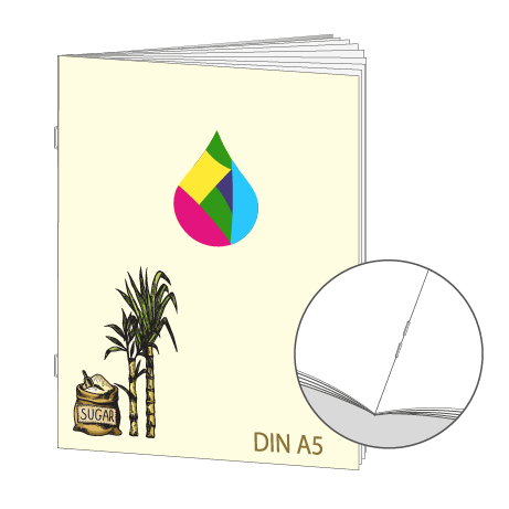 Broschüre aus Zuckerrohrpapier | DIN A5 16-Seiter | bedruckt